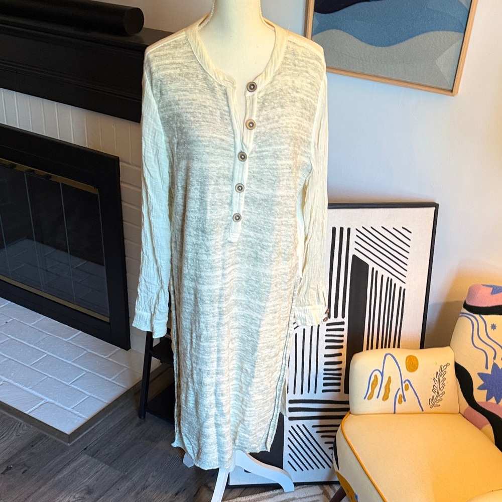 Cream Button-Down Long Sleeve Dress